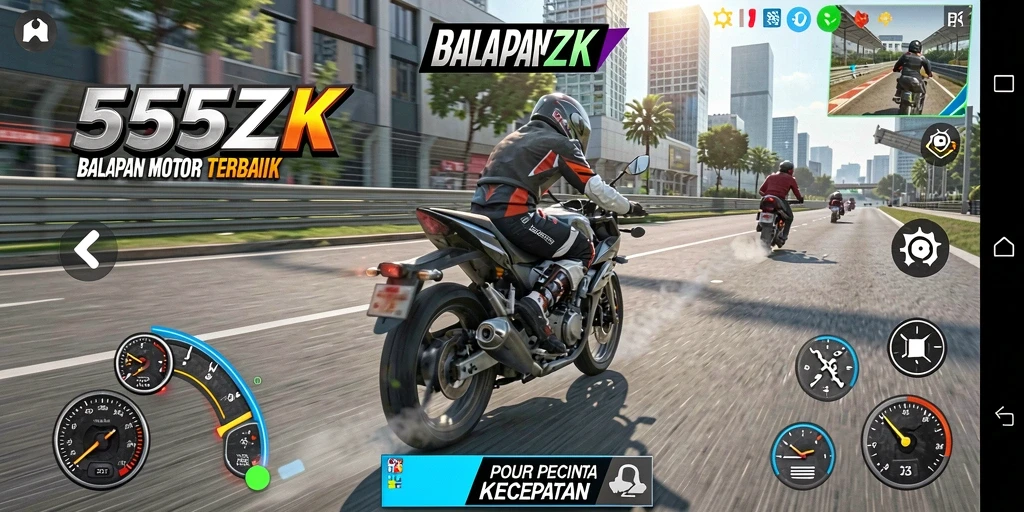 Screenshot 555ZK menampilkan aksi balapan motor yang mendebarkan.