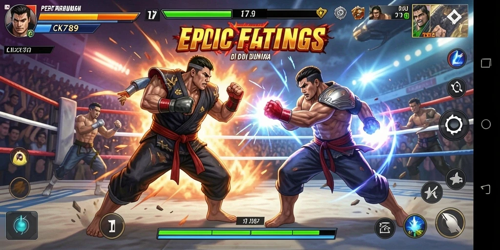 Tangkapan layar CK789 menampilkan pertarungan epik karakter dalam arena Fighting.