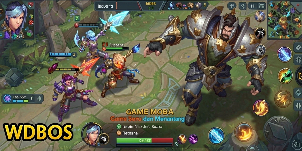 Tangkapan layar dari WDBOS menunjukkan aksi pertempuran MOBA yang intens.
